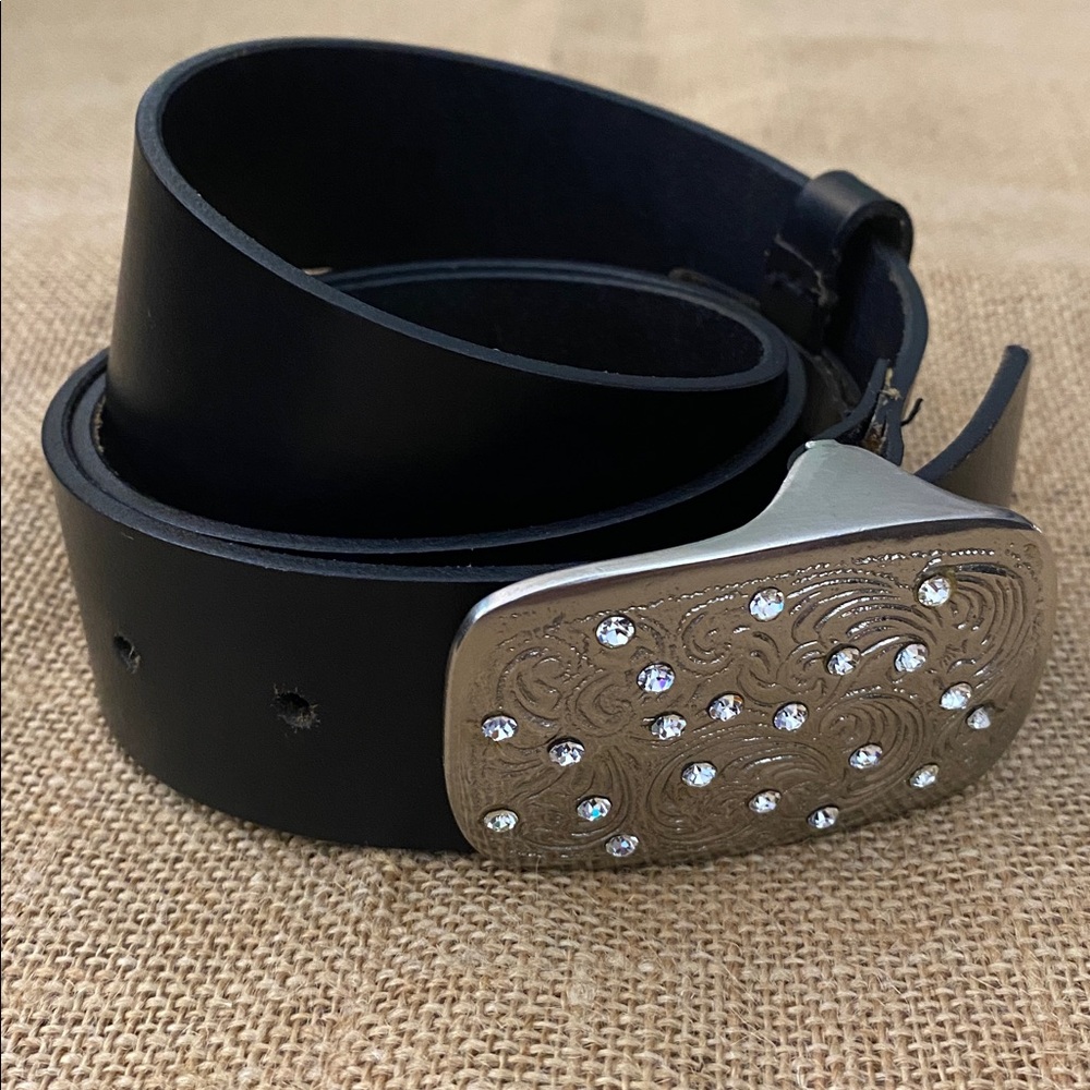 Linea Pelle Black Leather Belt with Rhinestone Silver Buckle